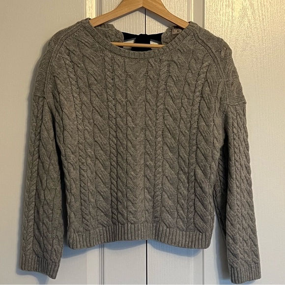 J. Crew Heather Gray Cable Knit Sweater with Sweet Black Satin Bow Tie On Back - Picture 3 of 7
